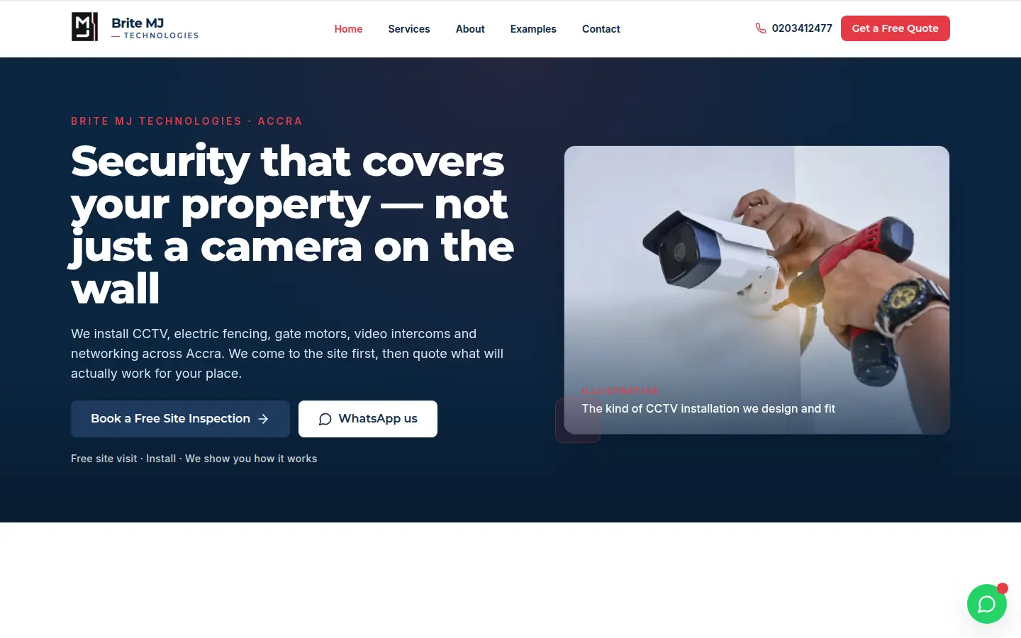 Brite MJ Tech homepage, with the heading CCTV, fencing, and gate security in Accra, over a photo of a technician.