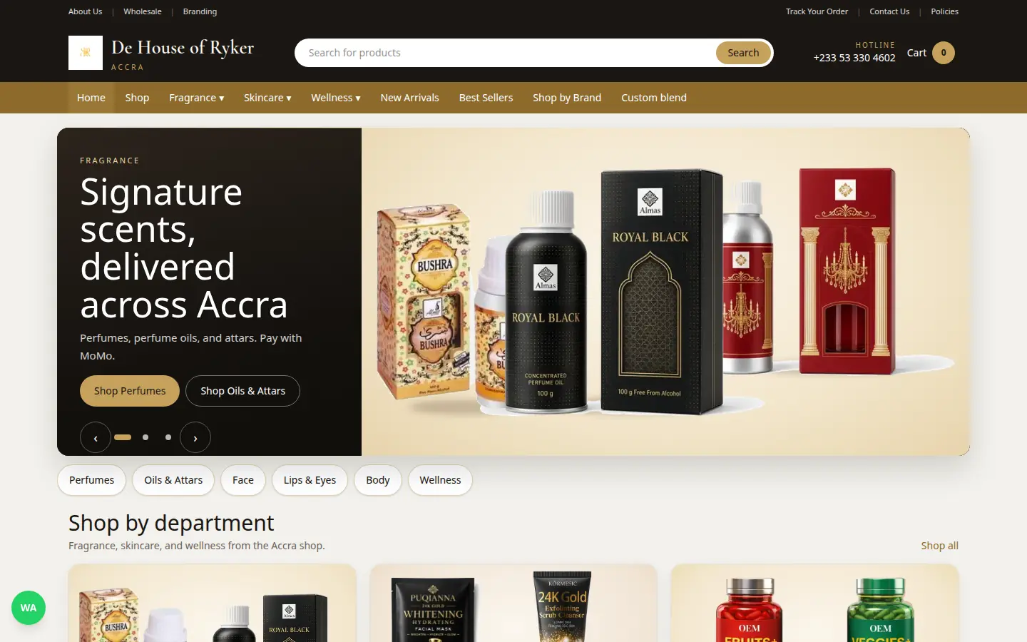 De House of Ryker homepage, an Accra perfume house, with a bottle and atomiser on a warm background.