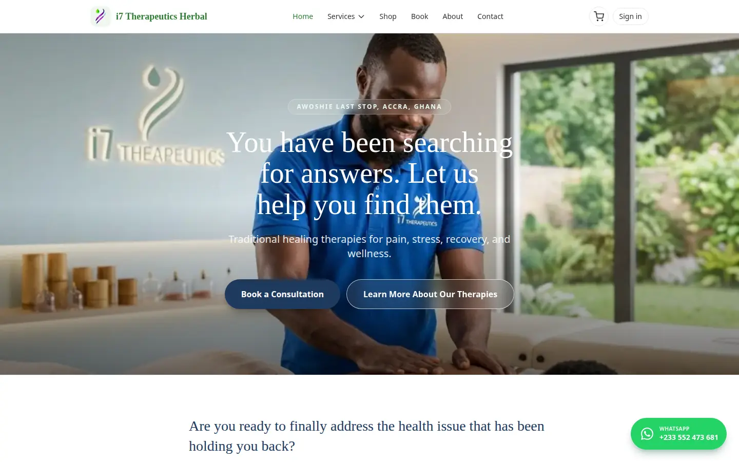 i7 Therapeutics Herbal homepage, with the heading Traditional healing therapies for pain, stress, and recovery.