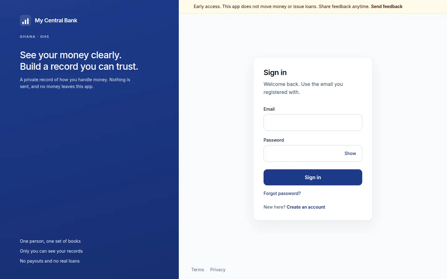 My Central Bank sign-in page, with the line See your money clearly.