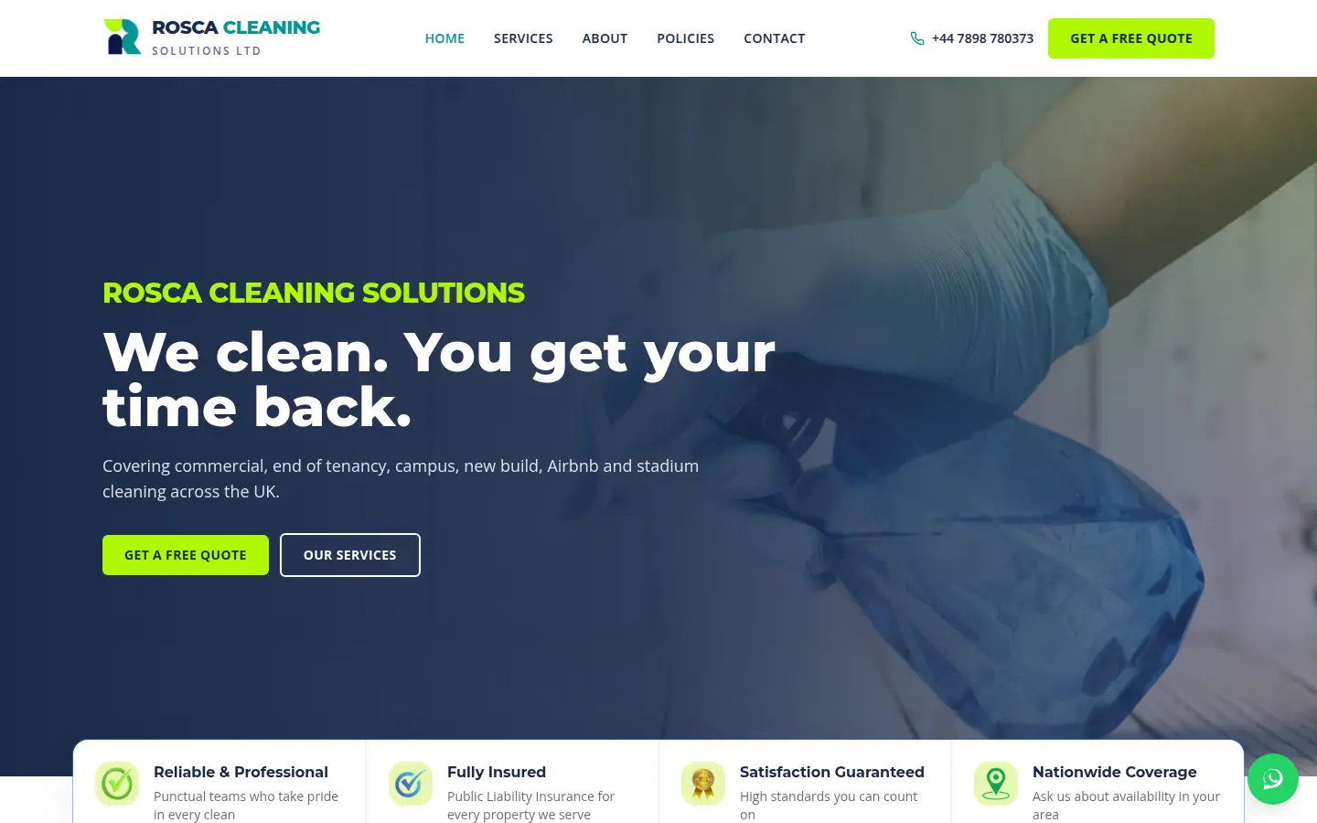 Rosca Cleaning homepage, with the heading Professional cleaning services you can trust, beside a photo of a cleaner.