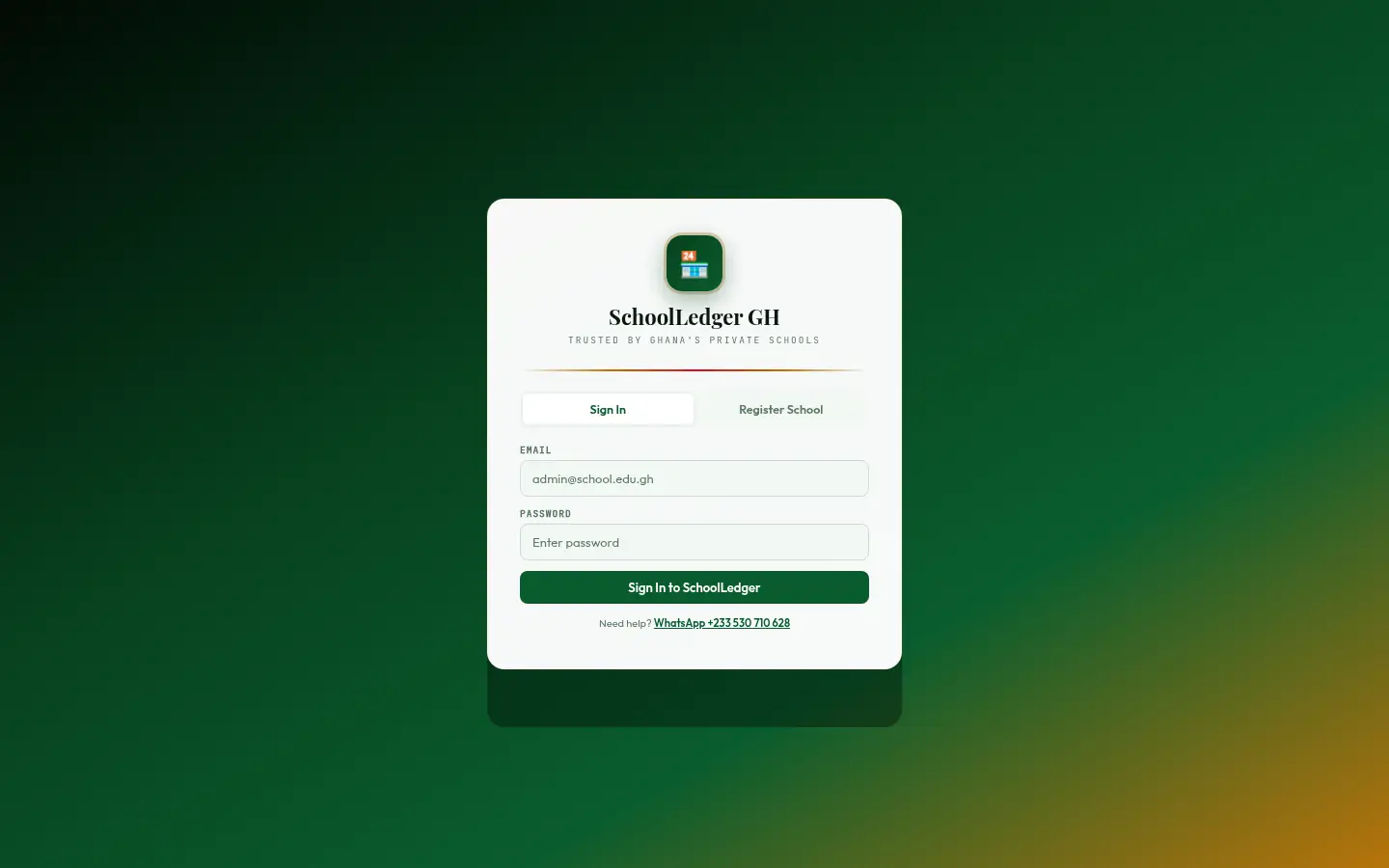 School Ledger sign-in page, headed Trusted by Ghana’s private schools.