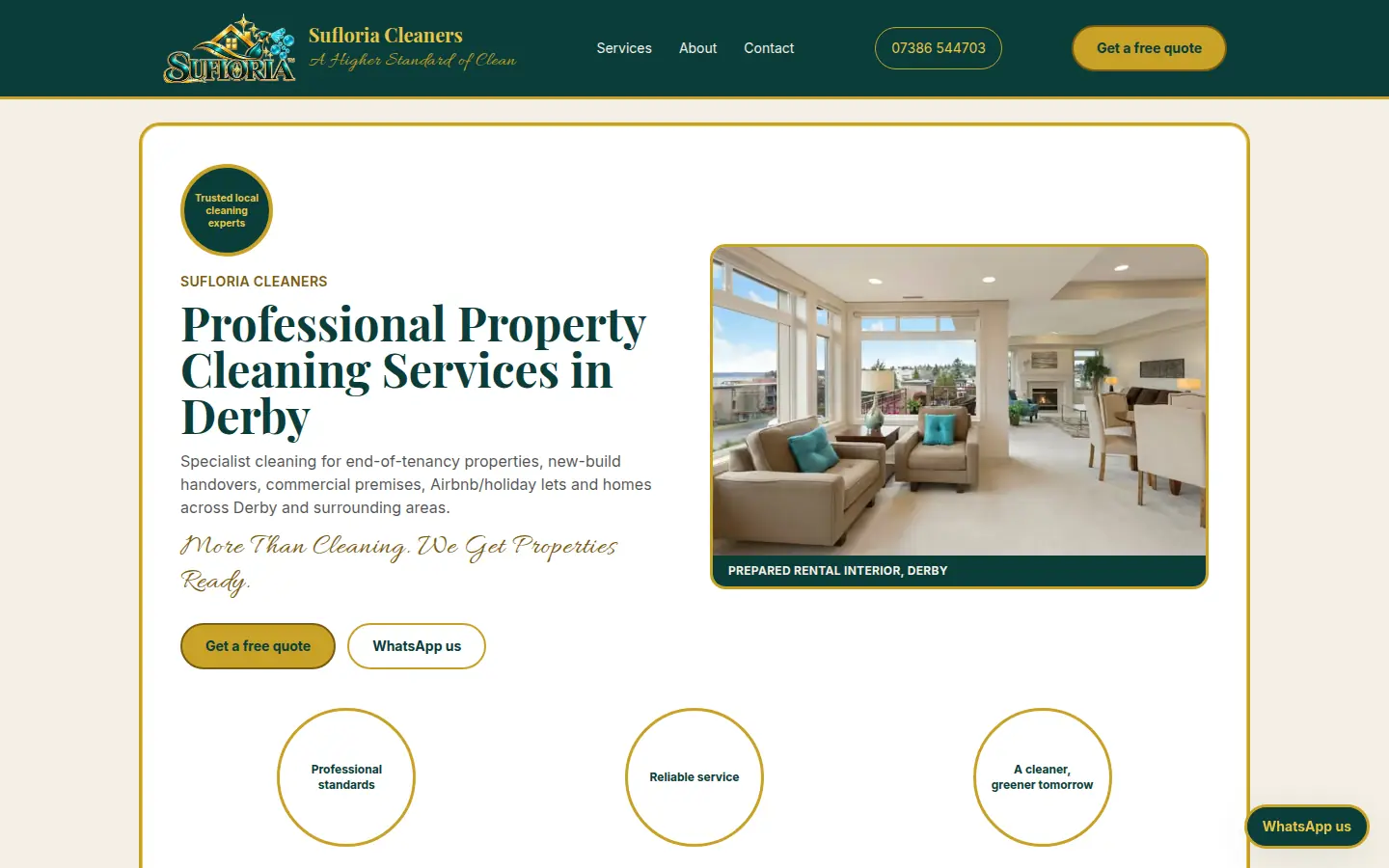 Sufloria Cleaners homepage, with the line A Higher Standard of Clean over a bright kitchen.
